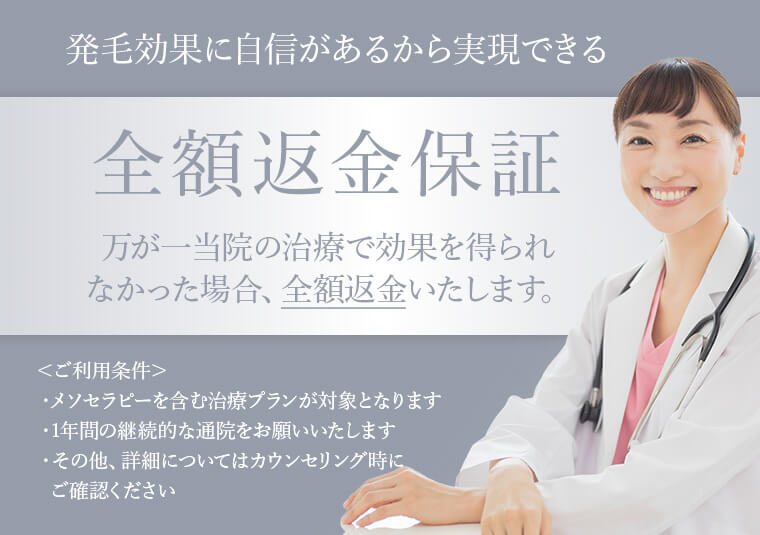 発毛効果に自信があるから実現できる全額返金保証 万が一当院の治療で効果を得られなかった場合、全額返金いたします。