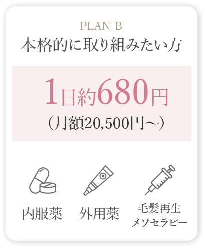 planB 本格的に取り組みたい方 1日約680円（月額20,500円〜）内服薬/外用薬/毛髪再生メソセラピー