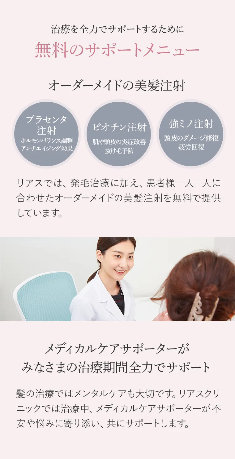 治療を全力でサポートするために 無料のサポートメニュー オーダーメイドの美髪注射